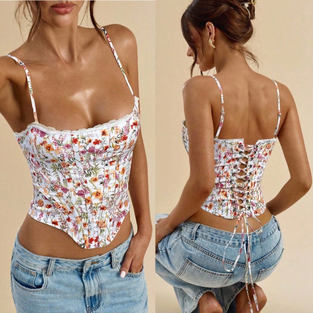 Ditsy Floral Cami Top Corset Style Lace Up Back